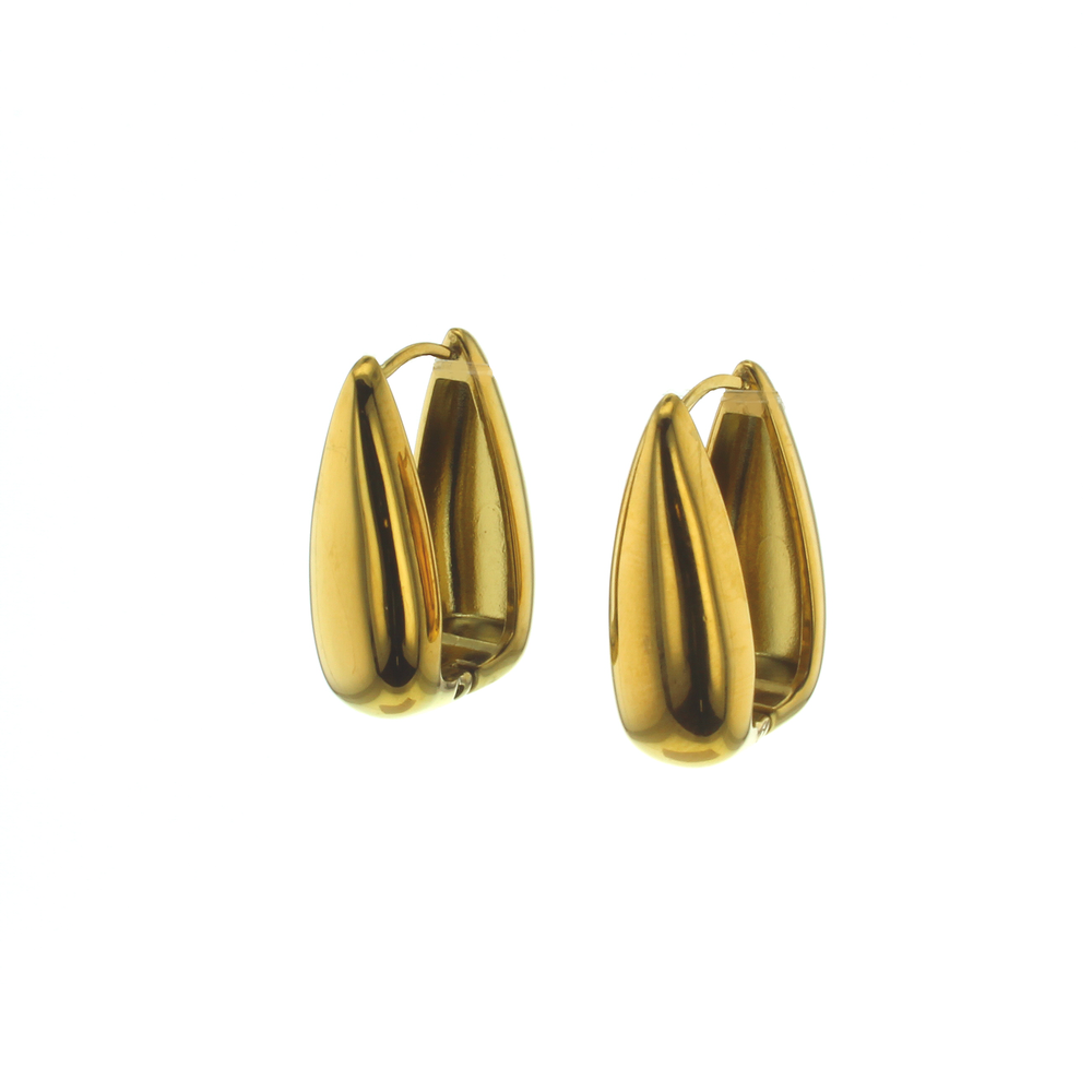 Gold jewelry photograph of a pair of teardrop-shaped hoop earrings on a white background featuring a highly polished reflective finish and a secure hinged huggie closure design