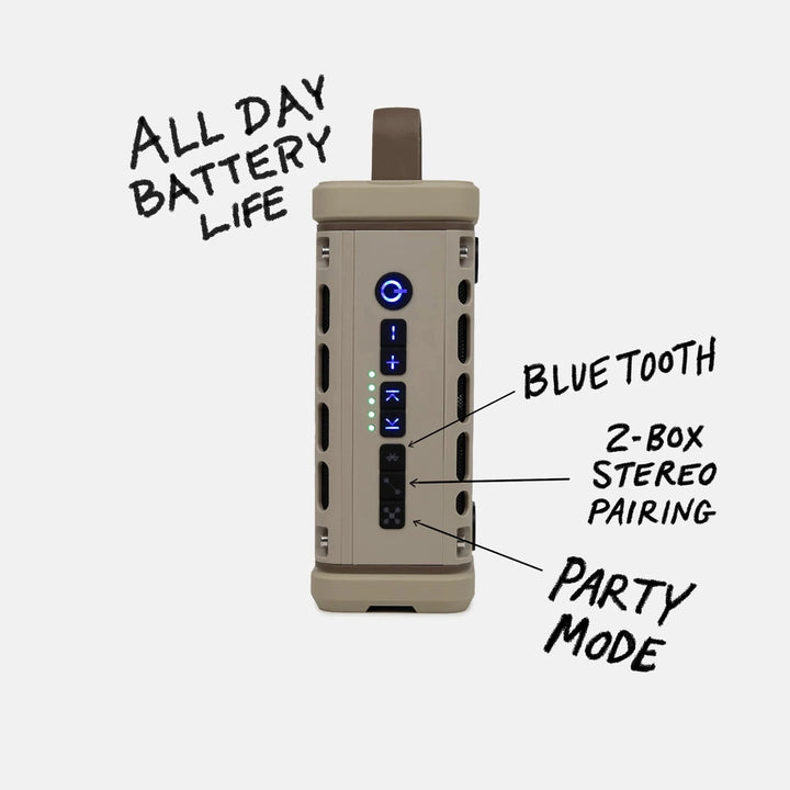 Digital product infographic by Bumpboxx of a tan portable Bluetooth speaker on a neutral background featuring the iconic central control panel with a glowing blue power button, handwritten-style black text labels, and five vibrant green LED battery indicator lights