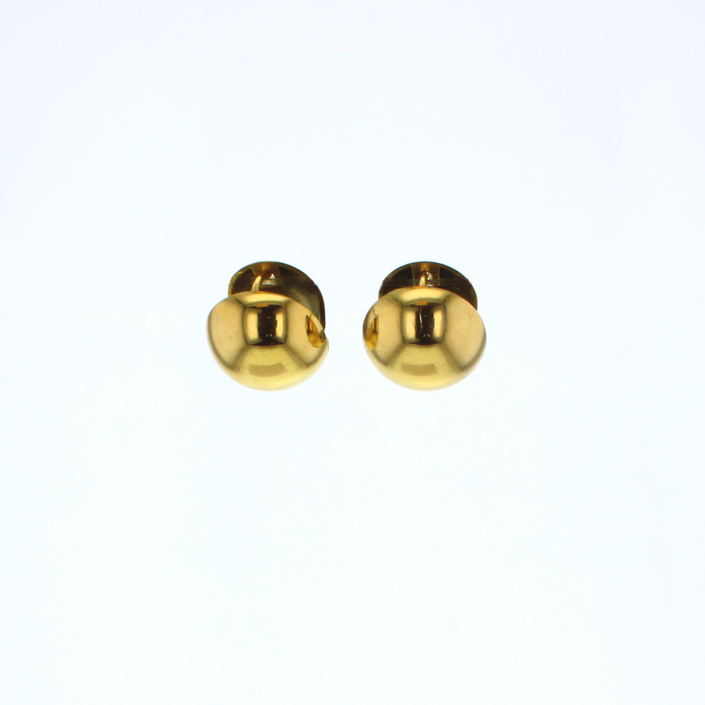 Photograph of a pair of high-polish yellow gold ball stud earrings centered against a white background featuring a perfectly smooth spherical shape and reflective mirror-like surfaces with dark highlights