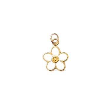 Gold jewelry pendant featuring a dainty five-petal flower with white enamel inlay and a textured yellow gold center against a clean white background