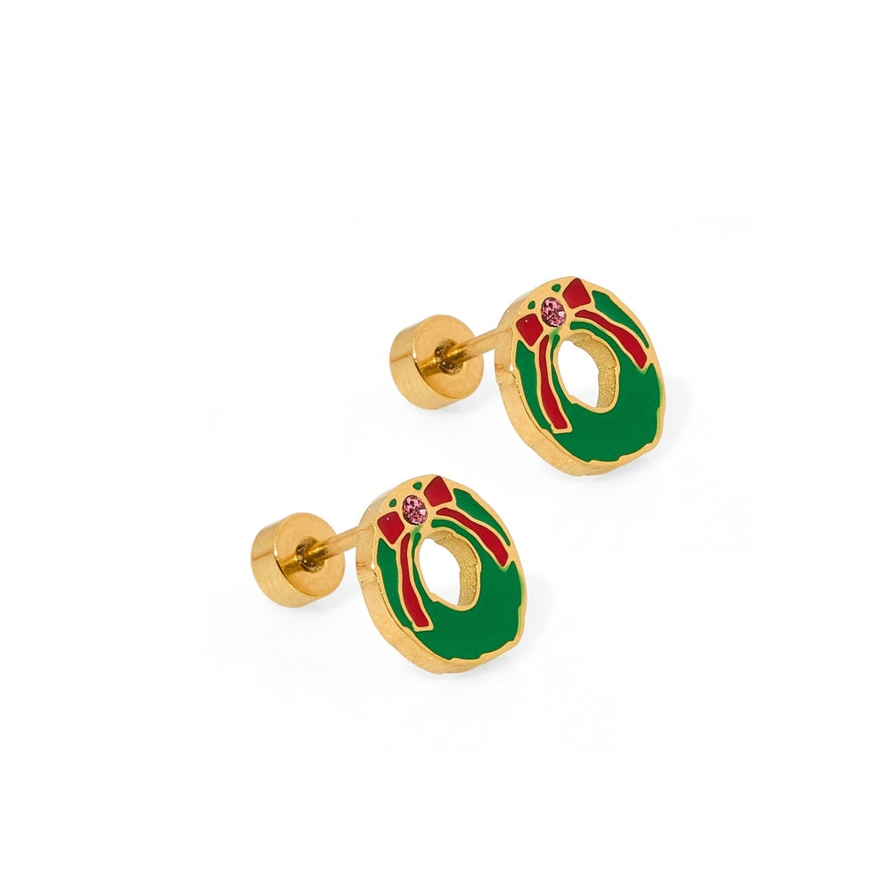 Gold-toned enamel stud earrings featuring festive Christmas wreaths with vibrant green enamel, a miniature red bow, and a sparkling pink crystal center against a white background