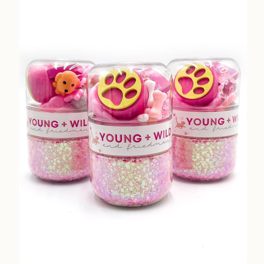 Product photography by Young + Wild and Friedman of three sensory kits featuring brand logo labels, pink iridescent glitter dough, signature yellow paw print stamps, and a small orange puppy figurine