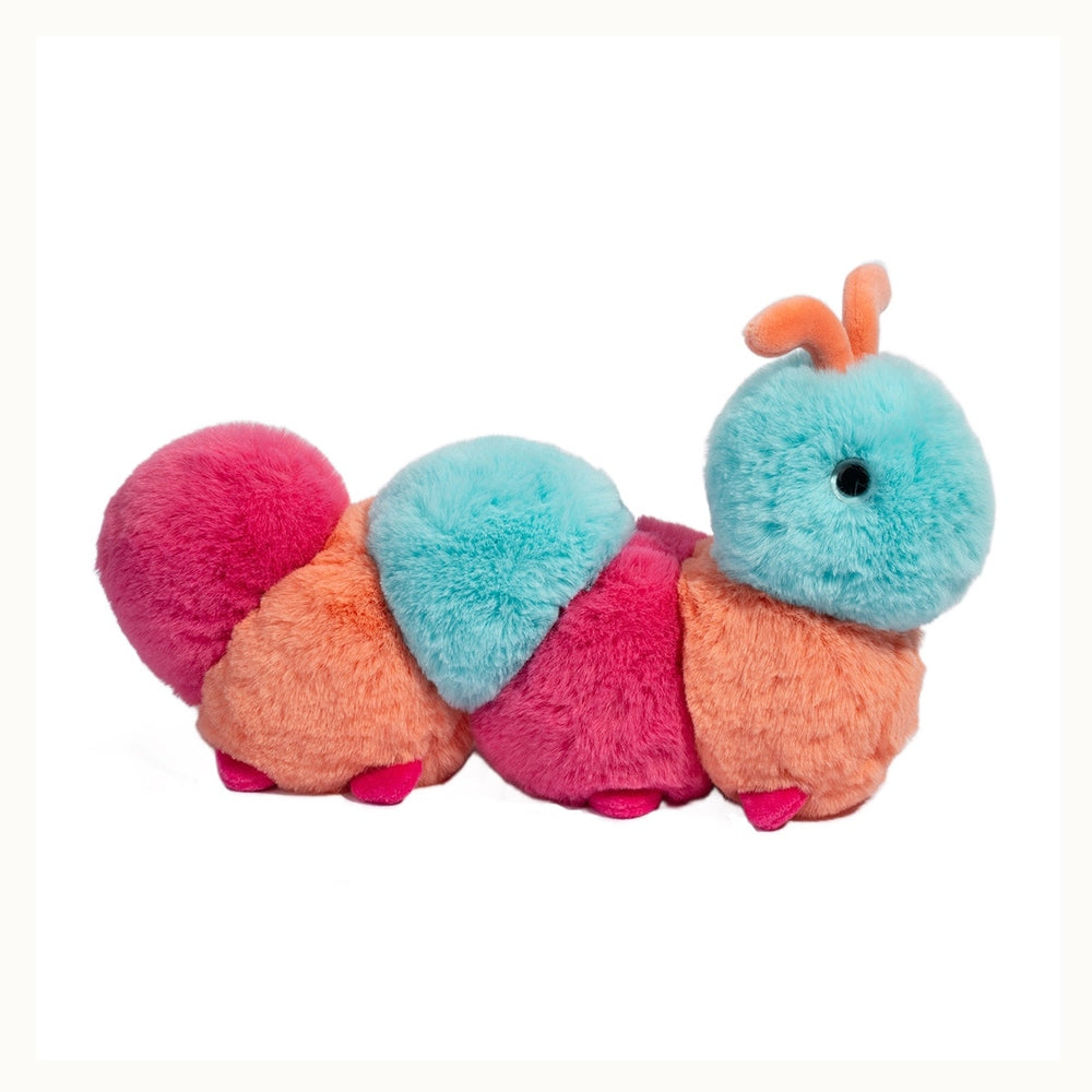Plush stuffed animal of a colorful caterpillar on a white background featuring vibrant segments of turquoise, orange, and hot pink fur with tiny orange antennae and dark button eyes