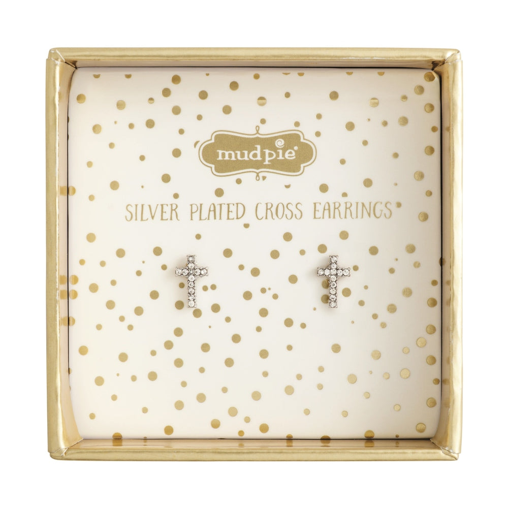 Silver-plated jewelry by Mud Pie featuring a pair of sparkling rhinestone cross earrings displayed inside a square gold-bordered gift box with a cream and gold polka dot background card
