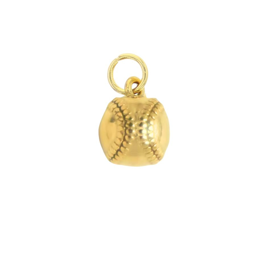 Yellow gold jewelry charm featuring a miniature baseball pendant centered on a white backdrop with detailed raised stitching and a high-polish finish attached to a small circular jump ring