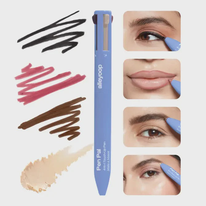 Product photography by Alleyoop of the light blue Pen Pal 4-in-1 makeup pen on a grey background featuring textured swatches of black, mauve, brown, and cream pigments alongside four demonstration panels of eyeliner, lip liner, and brow application
