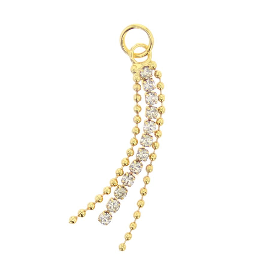 Gold jewelry pendant featuring a cascading three-strand tassel with two outer gold ball chains and a central row of bezel-set clear round gemstones suspended from a small jump ring against a white background