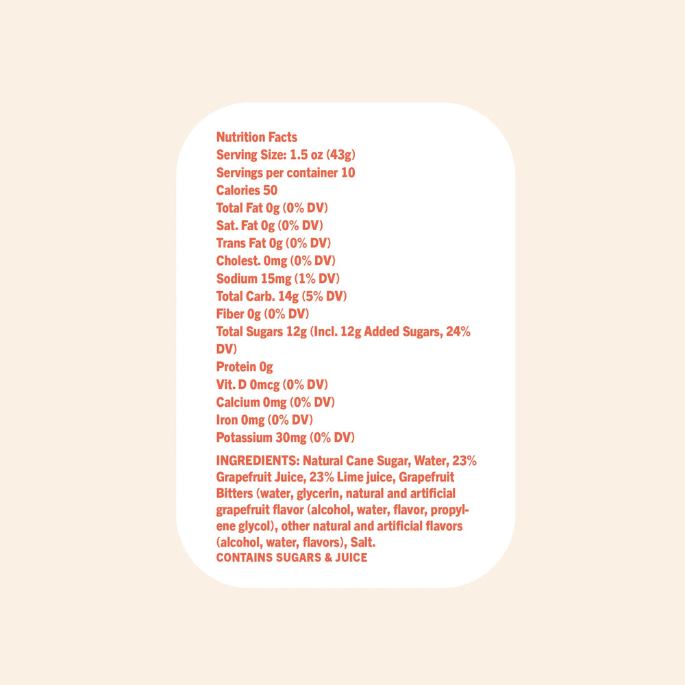 Digital graphic of a Nutrition Facts and Ingredients label displayed on a rounded white card featuring vibrant orange-red typography, a 50-calorie count, and 23 percent grapefruit juice