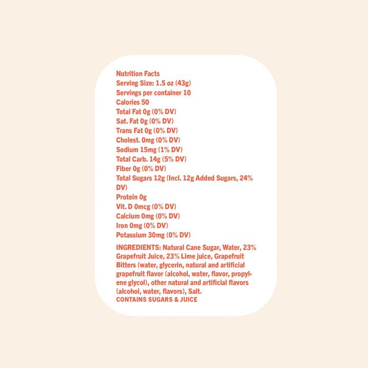 Digital graphic of a Nutrition Facts and Ingredients label displayed on a rounded white card featuring vibrant orange-red typography, a 50-calorie count, and 23 percent grapefruit juice
