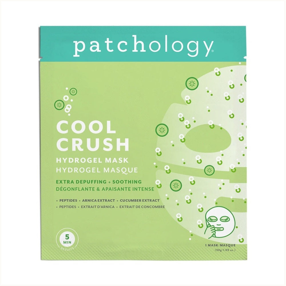 Graphic design by Patchology of a Cool Crush Hydrogel Mask packaging on a white background featuring a teal brand header, light green surface with cucumber slice illustrations, and a small line drawing of a face applying the mask