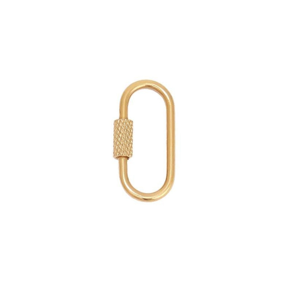 Gold jewelry piece featuring a carabiner-style oval clasp centered on a white background with a polished finish and a knurled screw-gate mechanism