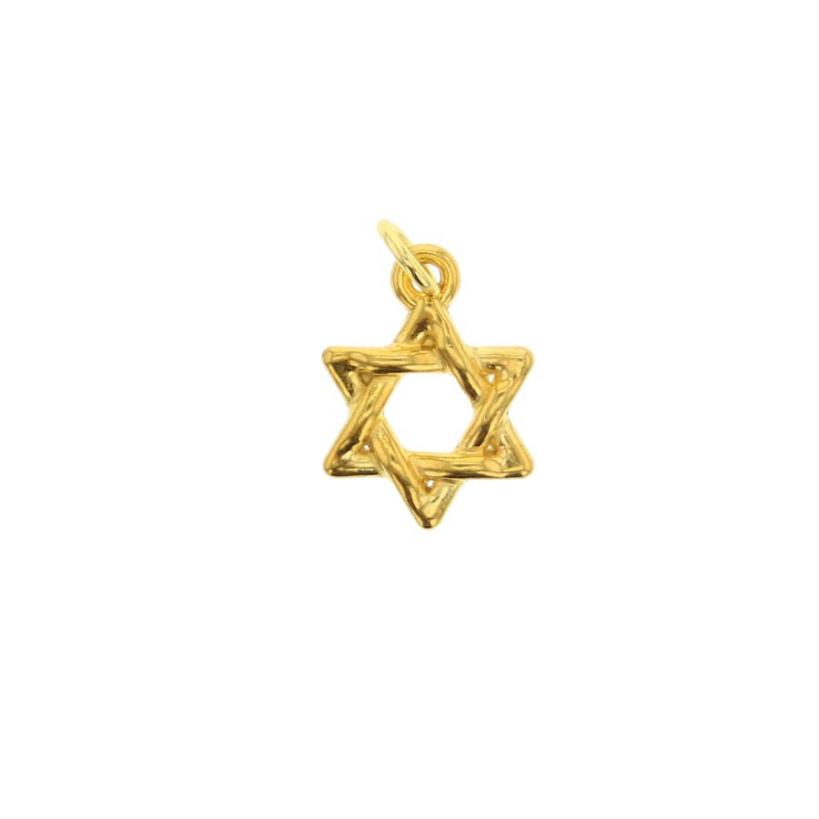 Gold jewelry Star of David pendant charm against a white background showcasing textured interlocking triangles and a polished circular attachment ring