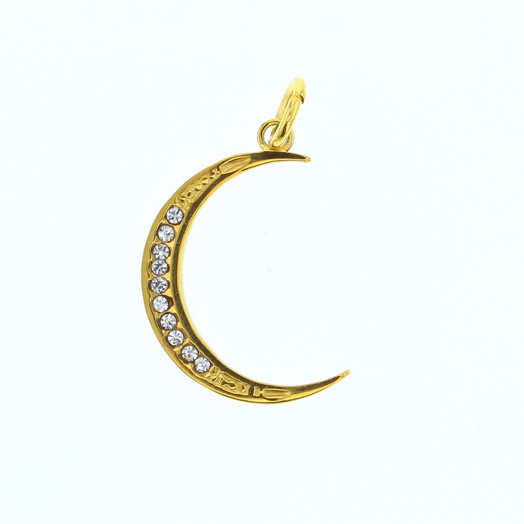 Gold jewelry crescent moon pendant on a white background featuring a row of sparkling clear crystals and intricate engraved detailing along its curved edges