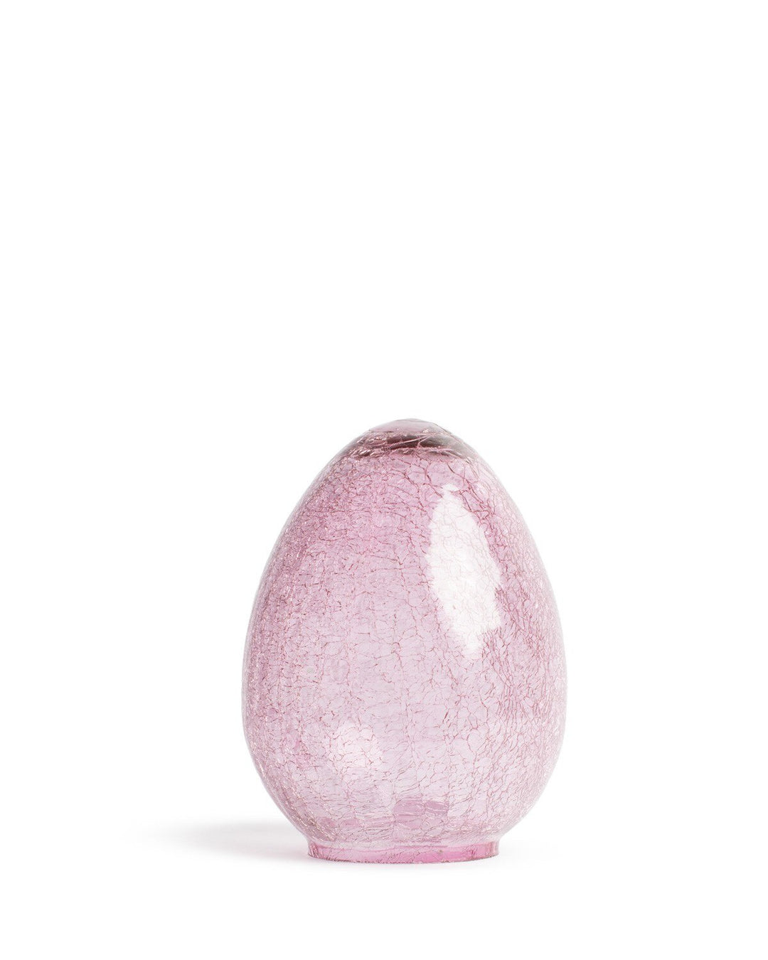 Hand-blown pink crackle glass egg-shaped lamp shade centered in a white studio setting featuring a soft rose-pink hue, intricate web-like textures, and a polished reflective exterior