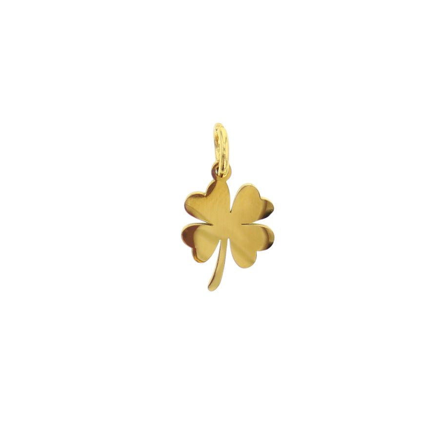 Gold-toned metal jewelry pendant depicting a four-leaf clover charm centered on a white background with heart-shaped leaves, a polished mirror-like finish, and a small integrated bail at the top