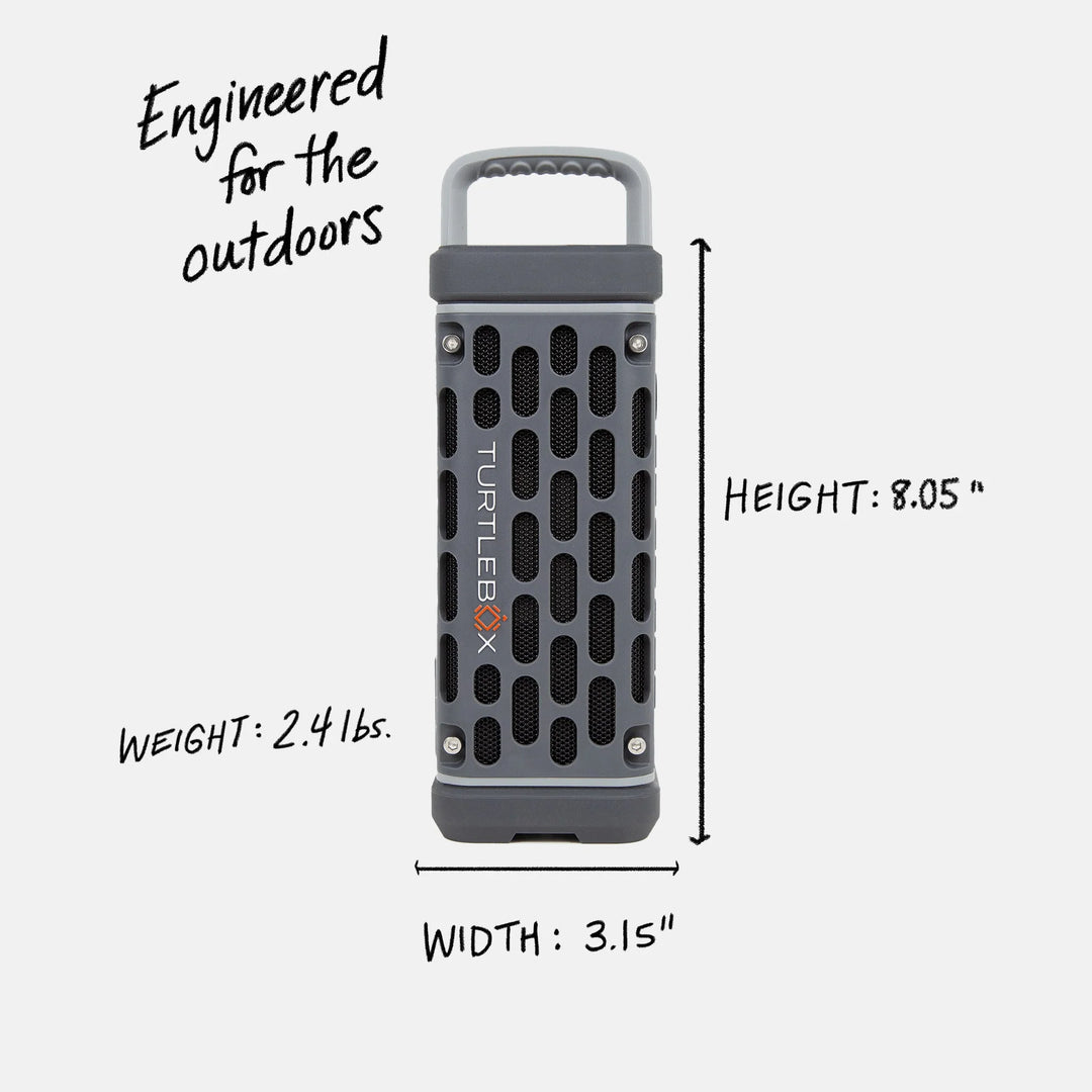Digital graphic by Turtlebox featuring a gray portable outdoor speaker on a white background with handwritten dimension annotations and a honeycomb mesh grill showing the orange logo