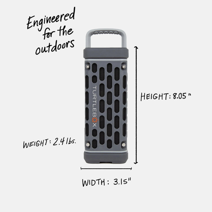 Digital graphic by Turtlebox featuring a gray portable outdoor speaker on a white background with handwritten dimension annotations and a honeycomb mesh grill showing the orange logo