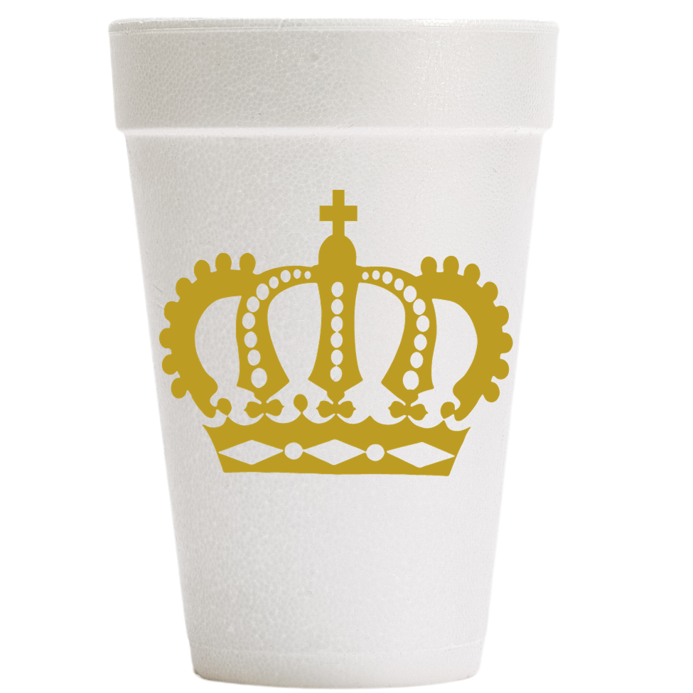 Photograph of a textured white styrofoam cup featuring a gold ornate royal crown with a cross finial and diamond-shaped accents centered against a plain white background