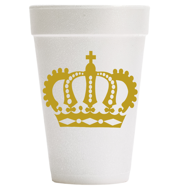 Photograph of a textured white styrofoam cup featuring a gold ornate royal crown with a cross finial and diamond-shaped accents centered against a plain white background