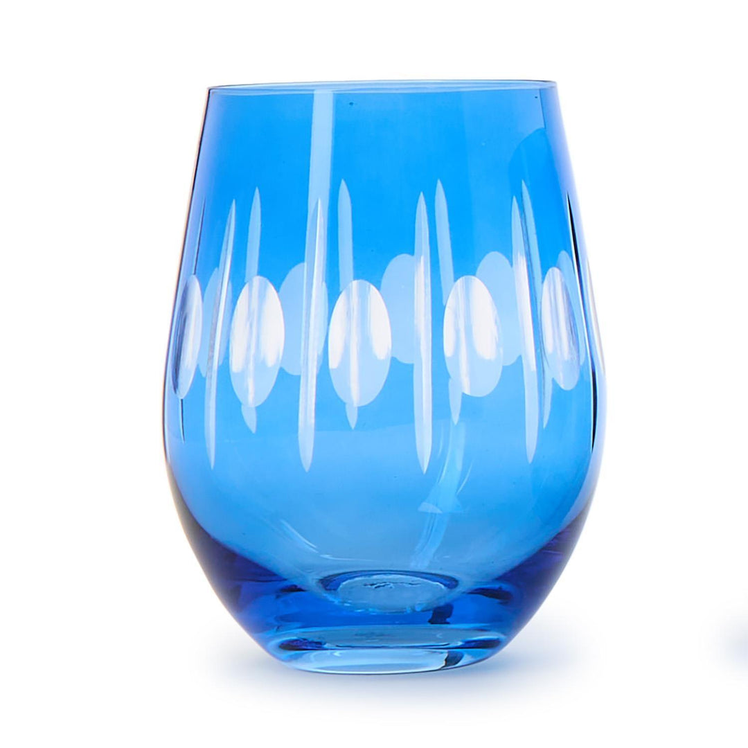 Hand-blown glass vessel showcasing a deep cerulean blue color with rhythmic frosted oval patterns and polished vertical lens cuts against a white background