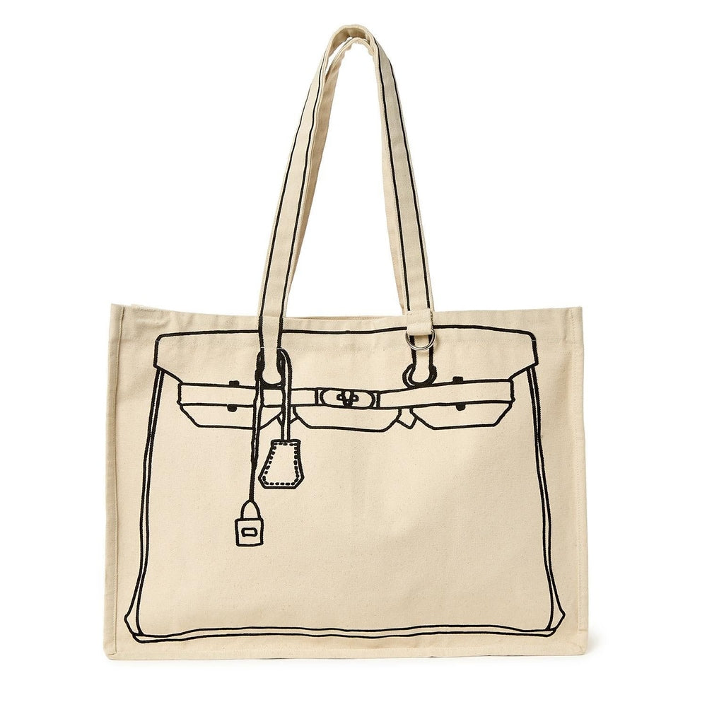 Canvas tote bag featuring a minimalist trompe l'oeil black line illustration of an iconic Birkin handbag silhouette centered on off-white fabric with a detailed padlock and hanging clochette