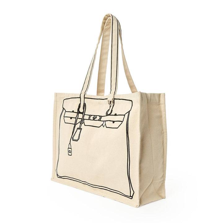 Canvas tote bag by Thursday Friday featuring a black line-art illustration of an iconic designer handbag silhouette with trompe l&