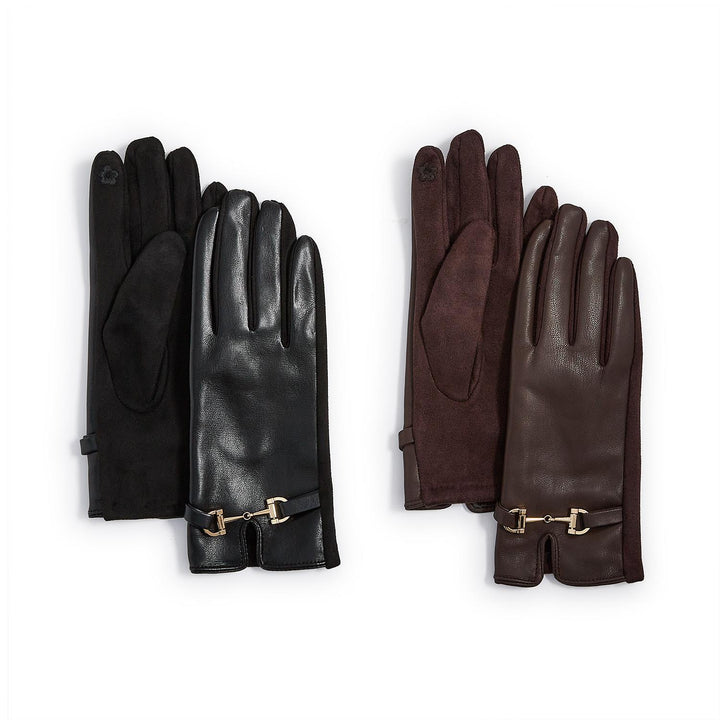Product photograph of two pairs of leather and suede gloves in black and chocolate brown set against a white background featuring decorative gold horsebit hardware and a small flower embroidery on the index finger tip