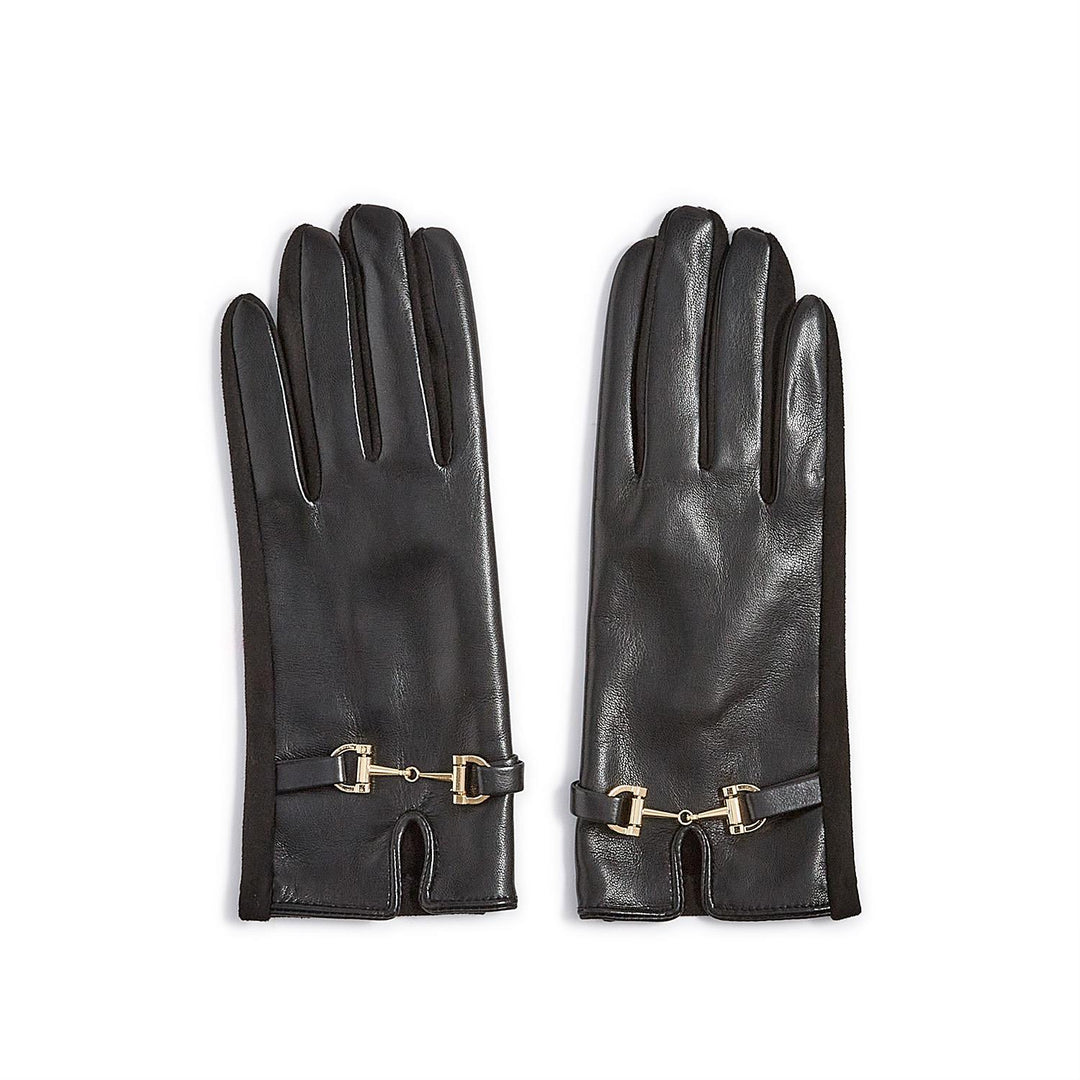Photograph of Gucci black leather gloves featuring the iconic gold-tone horsebit hardware, soft suede side panels, and a small notched wrist cuff set against a plain white background