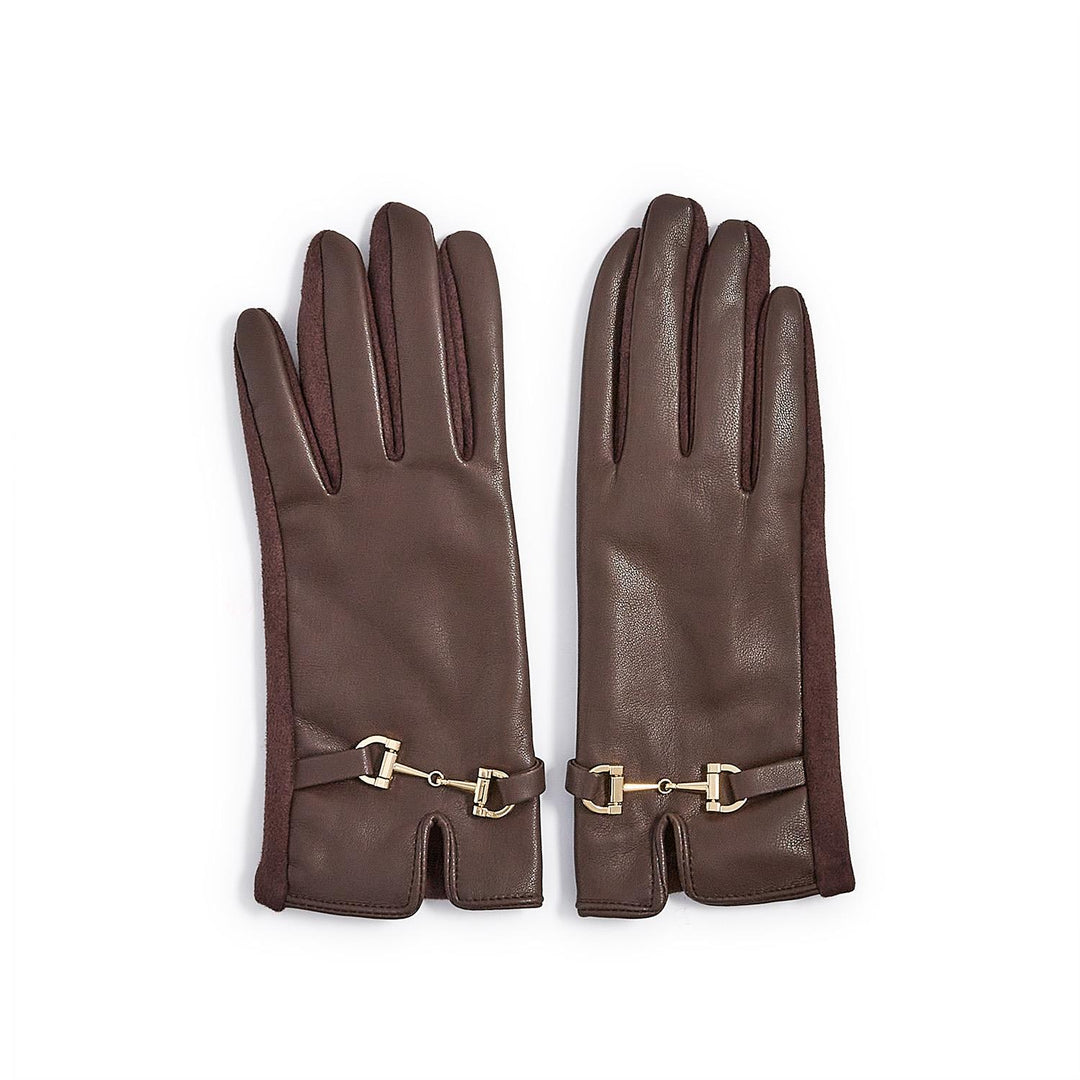 Leather and suede gloves by Gucci featuring a pair of dark brown winter accessories on a white background with iconic gold-tone horsebit hardware, pebbled palms, and slit-cuff detailing