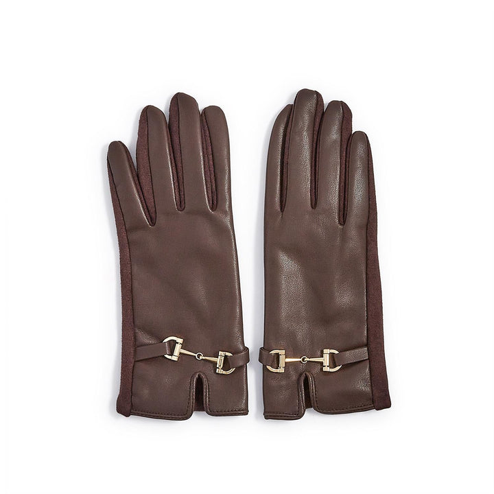 Leather and suede gloves by Gucci featuring a pair of dark brown winter accessories on a white background with iconic gold-tone horsebit hardware, pebbled palms, and slit-cuff detailing