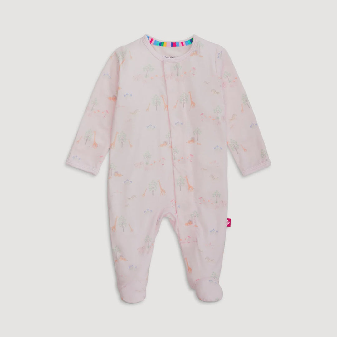 Cotton baby sleepsuit featuring a safari animal print with giraffes and lions on a light pink background accented by a multi-colored striped inner collar and footed silhouette