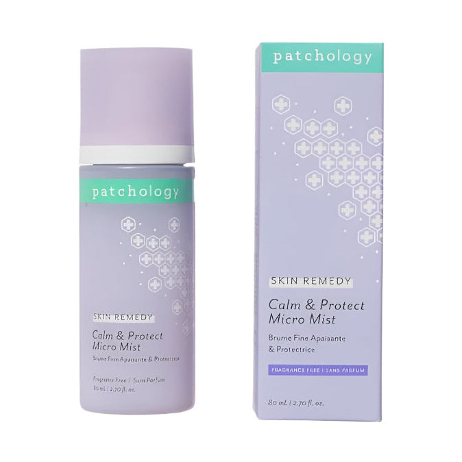 Product photography of Patchology Calm & Protect Micro Mist skincare featuring a lavender purple spray bottle and matching box on a white background with mint green labels and decorative white cross patterns