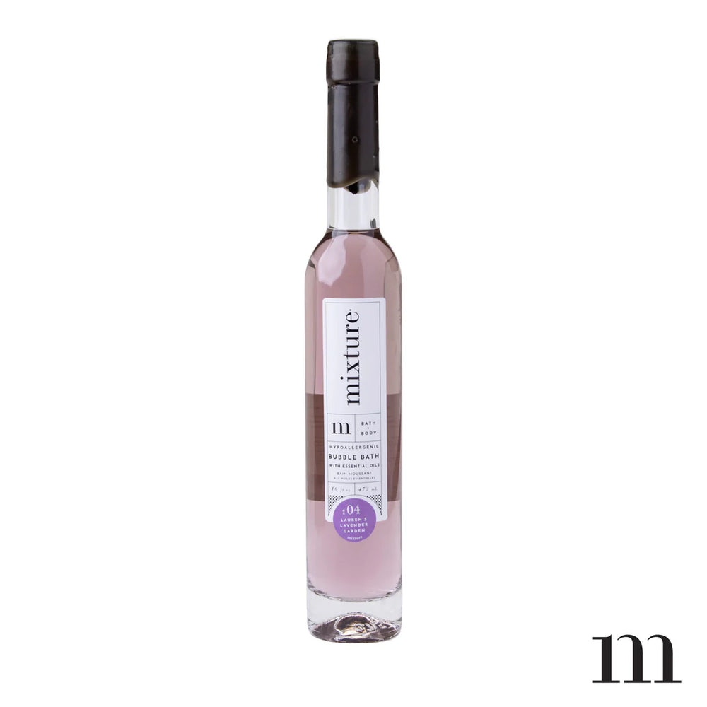 Product photograph of Mixture Lauren's Lavender Garden Bubble Bath featuring a tall slender glass bottle with pale purple liquid, a black wax-dipped seal, and an iconic lowercase m logo against a white background