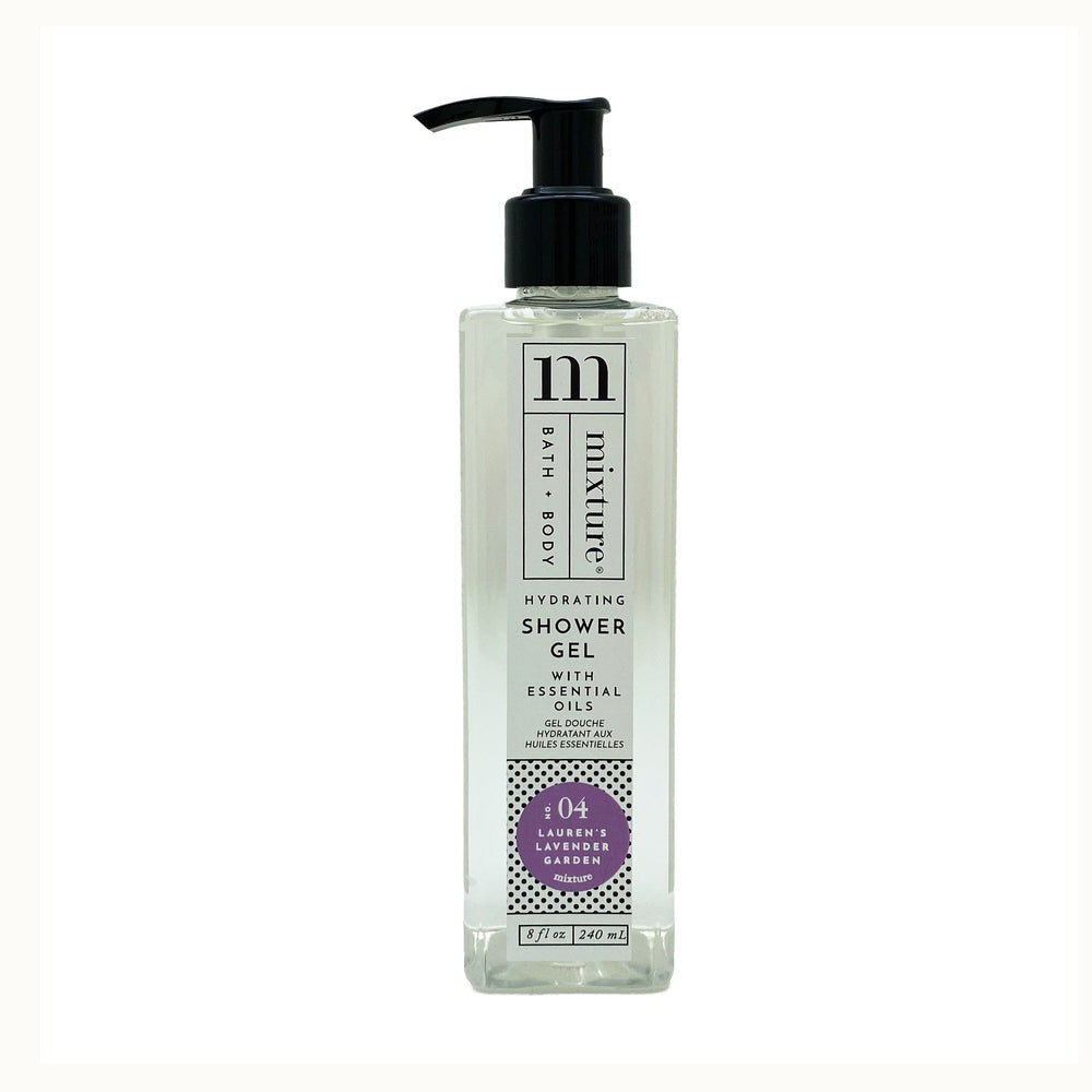 Product photograph of a Mixture Hydrating Shower Gel bottle featuring a black pump dispenser, a clear rectangular vessel, and a purple No. 04 Lauren's Lavender Garden label with a black and white polka dot pattern