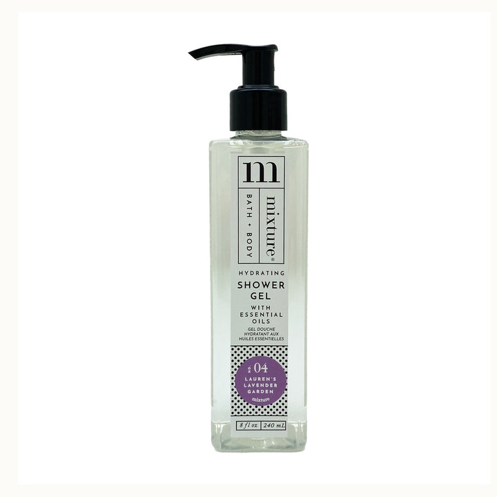 Product photograph of a Mixture Hydrating Shower Gel bottle featuring a black pump dispenser, a clear rectangular vessel, and a purple No. 04 Lauren&