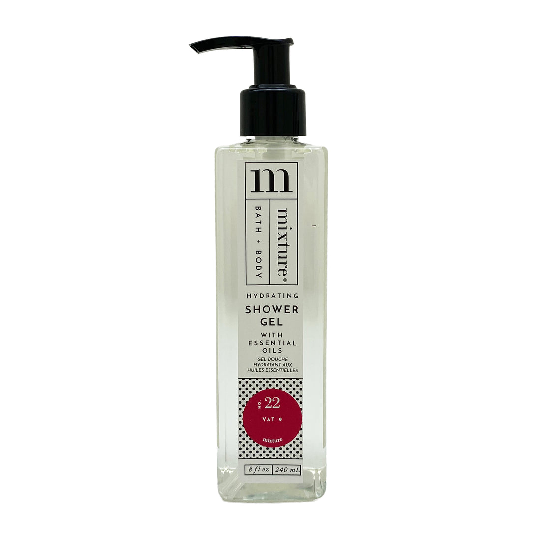 Studio photograph of Mixture Hydrating Shower Gel in a clear rectangular bottle with a black pump dispenser and a red circular No. 22 Vat 9 emblem accented by a black-and-white polka dot pattern against a solid white background