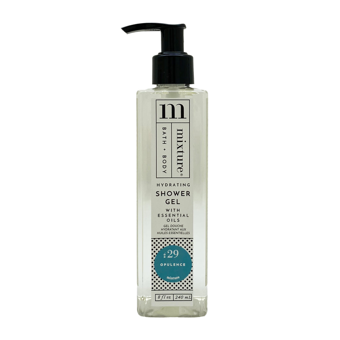 Product photograph of Mixture brand Hydrating Shower Gel featuring a clear bottle with a black pump, a teal circle labeled Opulence No 29, and a decorative black and white polka dot pattern on a white background