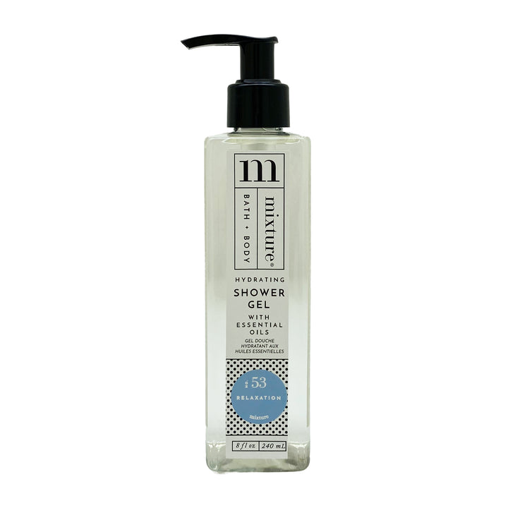 Product photograph of Mixture Hydrating Shower Gel in a clear rectangular bottle featuring a black pump dispenser, a light blue Relaxation No 53 circular logo, and a black and white polka dot pattern