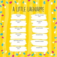 Digital graphic design of a baby milestone tracker titled A LITTLE LAGNIAPPE featuring white brushstroke-style text boxes on a yellow wavy striped background with a border of colorful teal and pink confetti accents