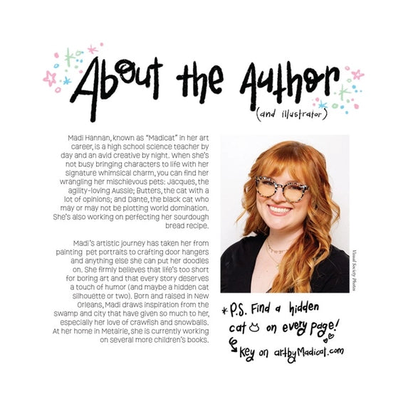 Digital graphic by Madi Hannan featuring a portrait of the red-haired author wearing patterned glasses next to hand-lettered About the Author text and colorful star doodles