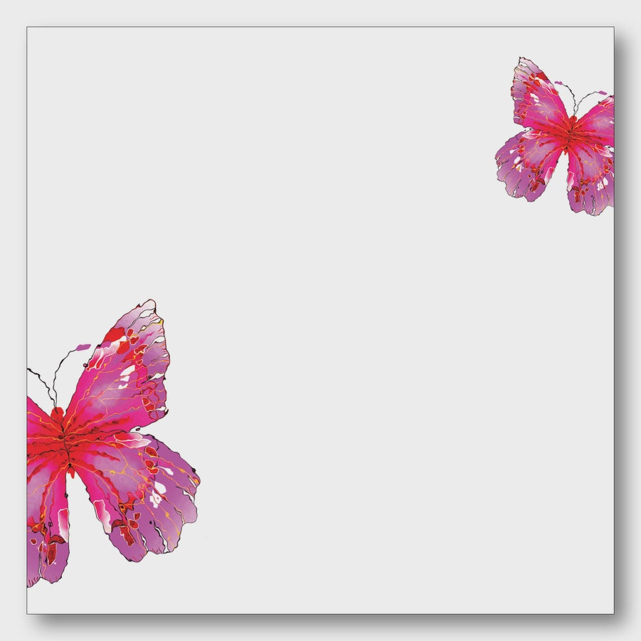 Watercolor illustration of two vibrant magenta and purple butterflies positioned in opposite corners of a minimalist white background featuring fine black outlines and organic splattered ink textures