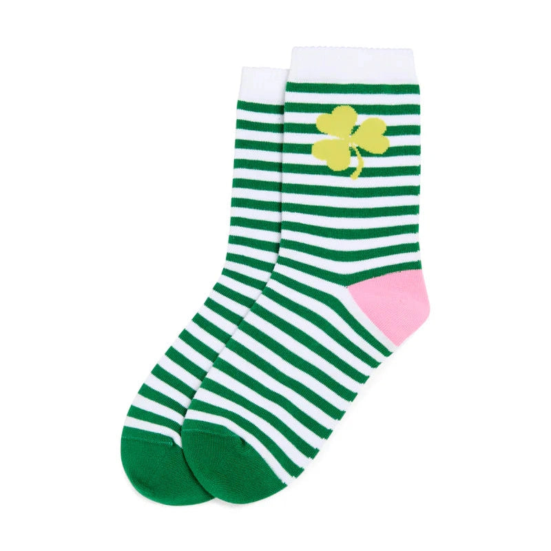 Knitted textile crew socks displayed on a white background featuring vibrant green and white horizontal stripes, an iconic yellow shamrock, and a contrasting pink heel accent