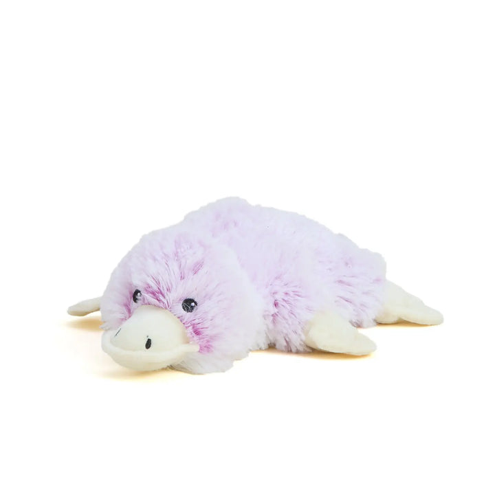 Plush toy of a pink platypus on a white background featuring fuzzy pastel fur, cream-colored webbed flippers, and small black bead eyes