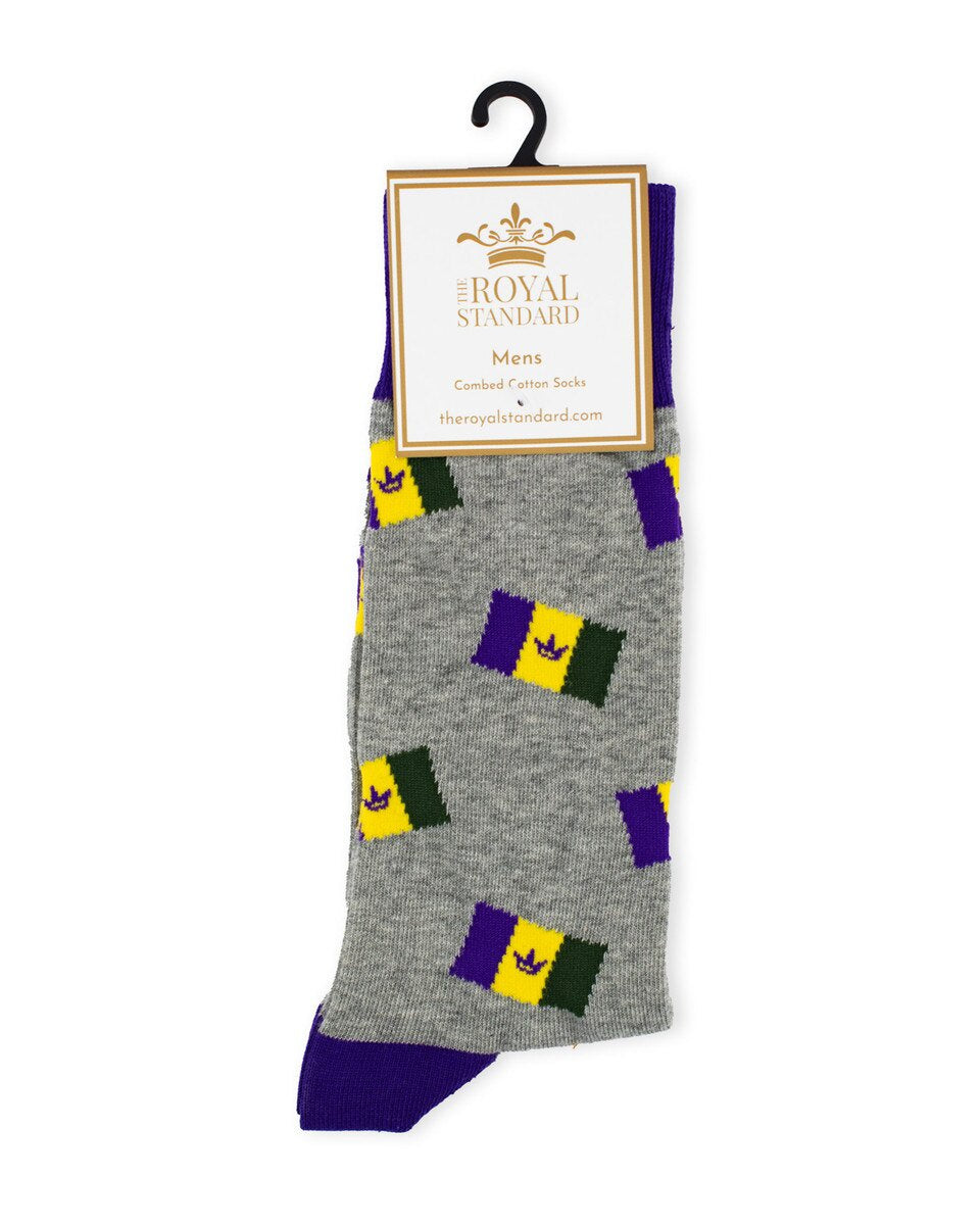 Combed cotton socks by The Royal Standard featuring a New Orleans Mardi Gras theme with purple, gold, and green tricolor flags and black fleur-de-lis symbols on a heather gray base