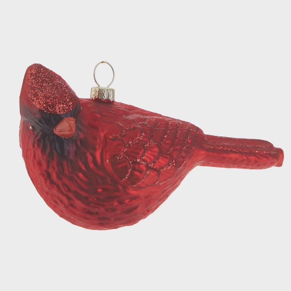 Glass Christmas ornament of a vibrant red northern cardinal against a plain backdrop featuring a glittery red crest, textured feather patterns, and a silver metal hanging loop