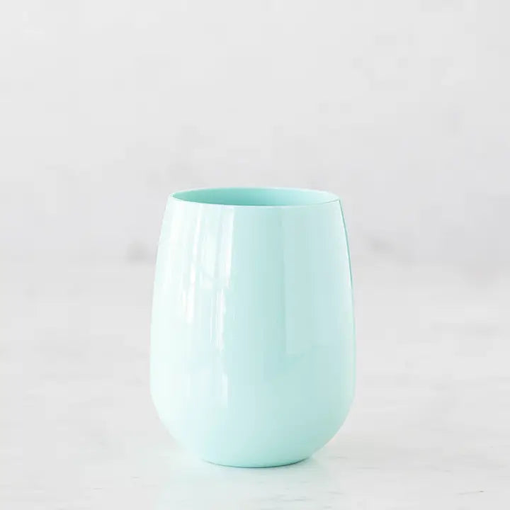 Melamine tumbler featuring a mint green stemless cup on a white studio background with a glossy finish and a rounded bulbous body