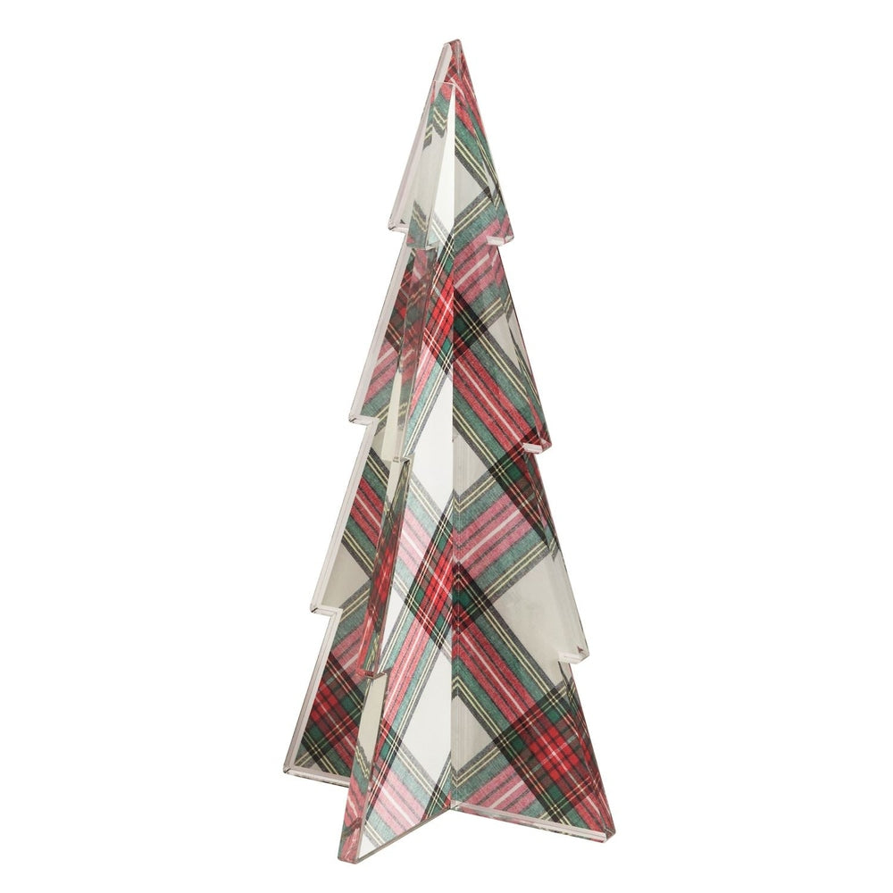 Acrylic stylized Christmas tree sculpture featuring a red and green holiday tartan pattern and clear faceted edges set against a plain white background
