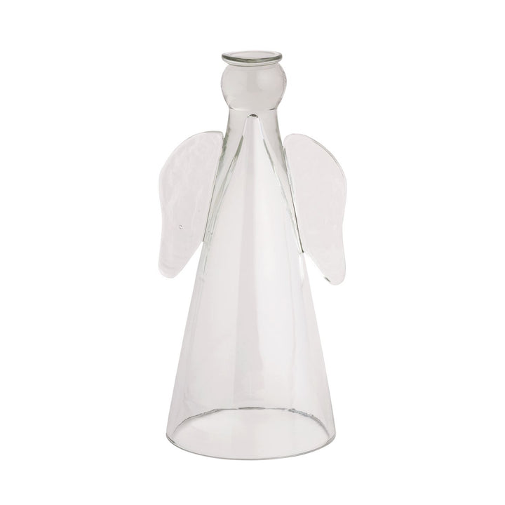 Hand-blown glass angel figurine featuring a tall conical body, a spherical head with a flat halo-style rim, and two smooth translucent wings set against a clean white studio background