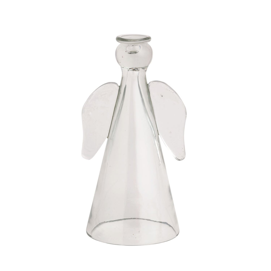 Hand-blown glass angel sculpture featuring a minimalist conical body, smooth translucent wings, and a polished halo rim centered on a pristine white background