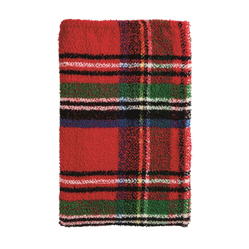 Plush microfiber textile featuring a vibrant red tartan plaid pattern with intersecting forest green and black stripes and thin white and blue accents on a shaggy surface against a plain white background